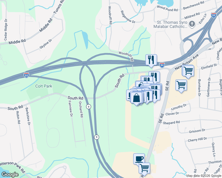 map of restaurants, bars, coffee shops, grocery stores, and more near 281 South Road in Farmington