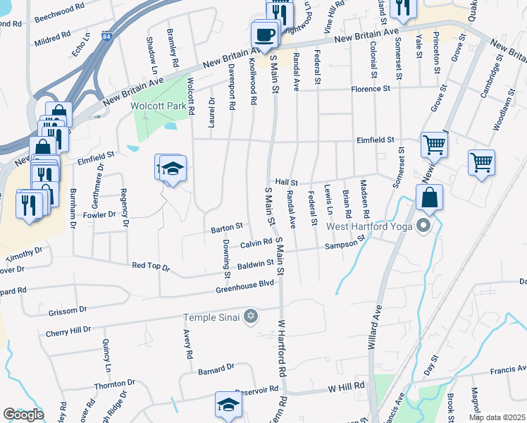 map of restaurants, bars, coffee shops, grocery stores, and more near 563 South Main Street in West Hartford
