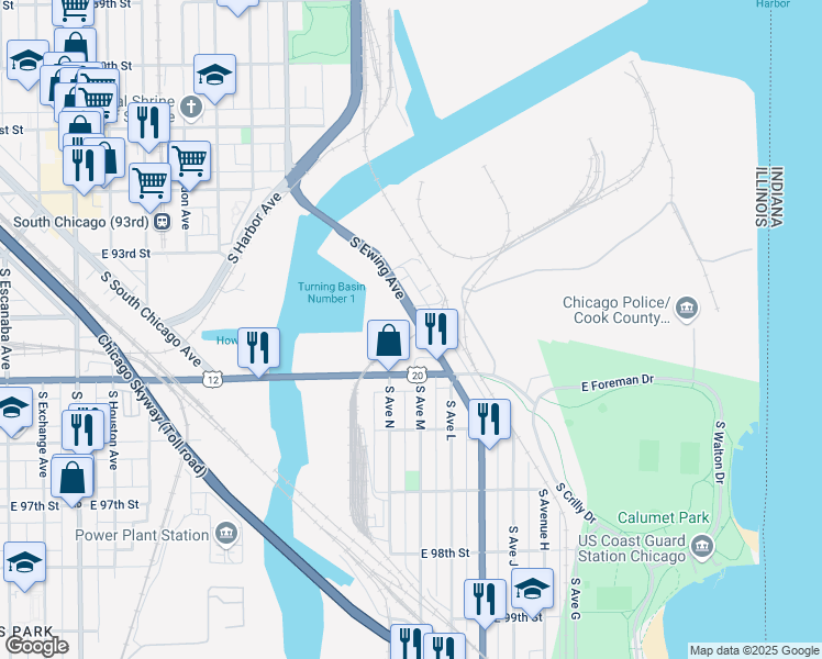 map of restaurants, bars, coffee shops, grocery stores, and more near 9426 South Ewing Avenue in Chicago