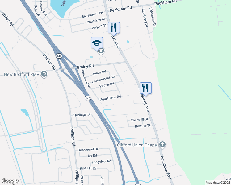 map of restaurants, bars, coffee shops, grocery stores, and more near 45 Timberlane Road in New Bedford