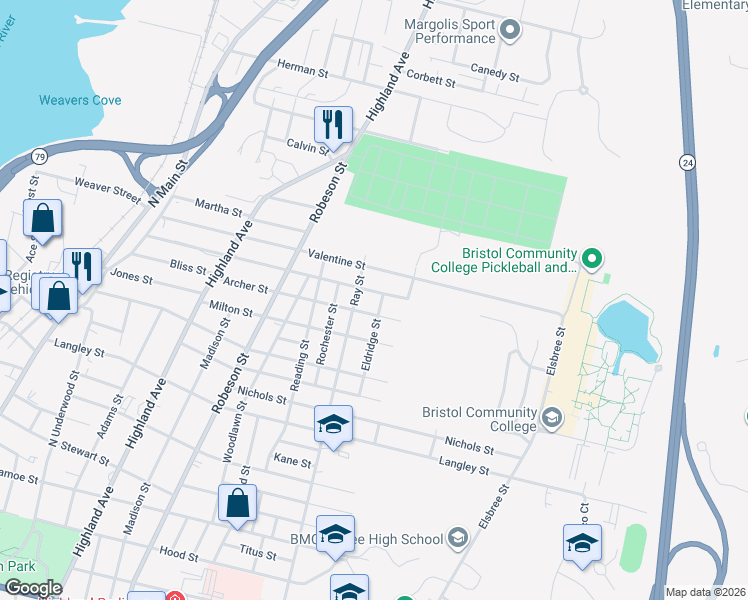 map of restaurants, bars, coffee shops, grocery stores, and more near 380 Archer Street in Fall River