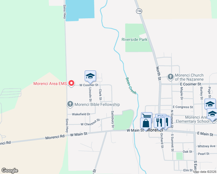 map of restaurants, bars, coffee shops, grocery stores, and more near 344 Salisbury Street in Morenci