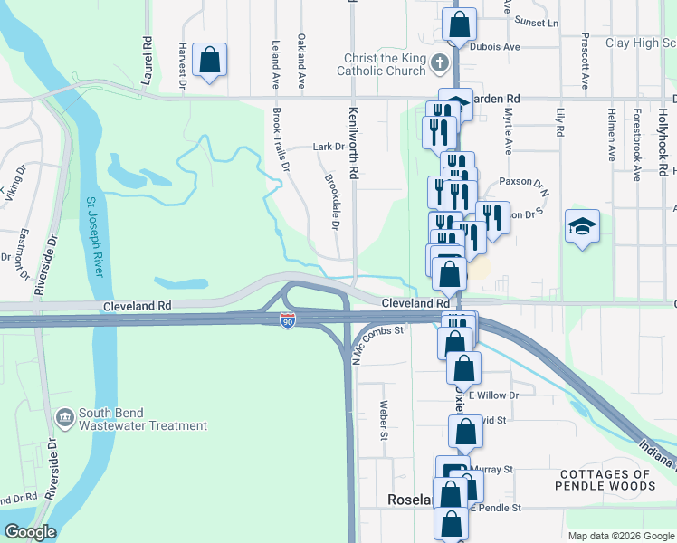 map of restaurants, bars, coffee shops, grocery stores, and more near 20009-20179 Cleveland Rd in South Bend