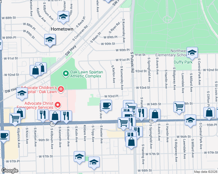 map of restaurants, bars, coffee shops, grocery stores, and more near 4101 West 93rd Street in Oak Lawn