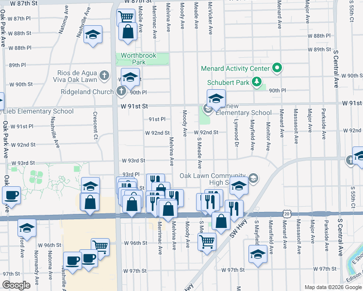 map of restaurants, bars, coffee shops, grocery stores, and more near 9220 Moody Avenue in Oak Lawn