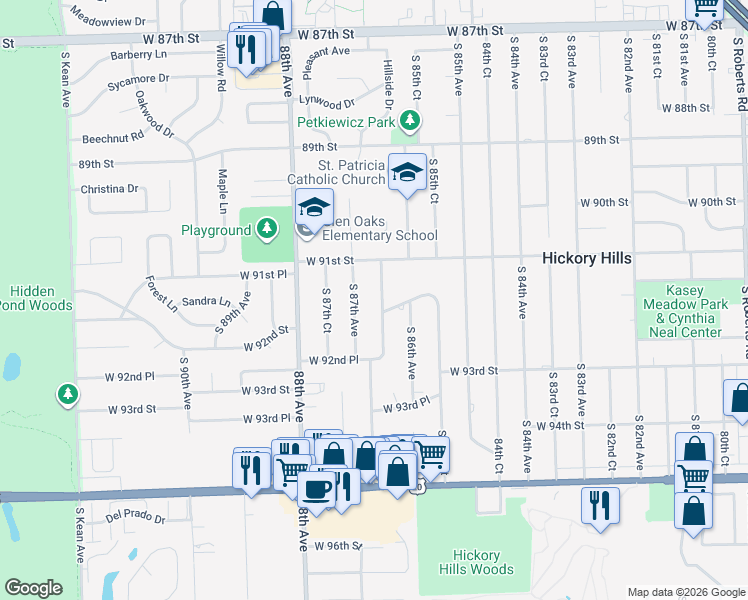 map of restaurants, bars, coffee shops, grocery stores, and more near 9150 86th Court in Hickory Hills
