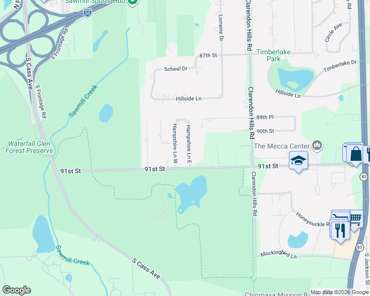 map of restaurants, bars, coffee shops, grocery stores, and more near 10S335 Hampshire Lane West in Willowbrook