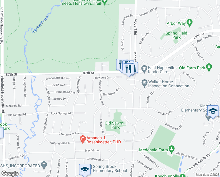map of restaurants, bars, coffee shops, grocery stores, and more near 2274 Norwich Court in Naperville