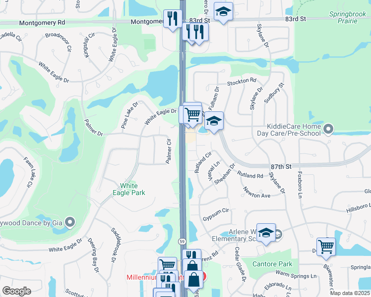 map of restaurants, bars, coffee shops, grocery stores, and more near 129 Illinois Route 59 in Naperville