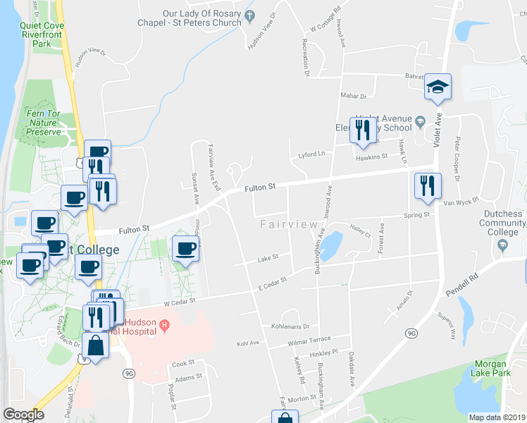 map of restaurants, bars, coffee shops, grocery stores, and more near 15 Morse Street in Poughkeepsie