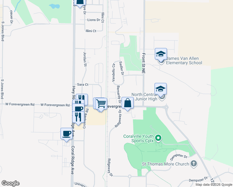 map of restaurants, bars, coffee shops, grocery stores, and more near 1825 Caleb Court in North Liberty