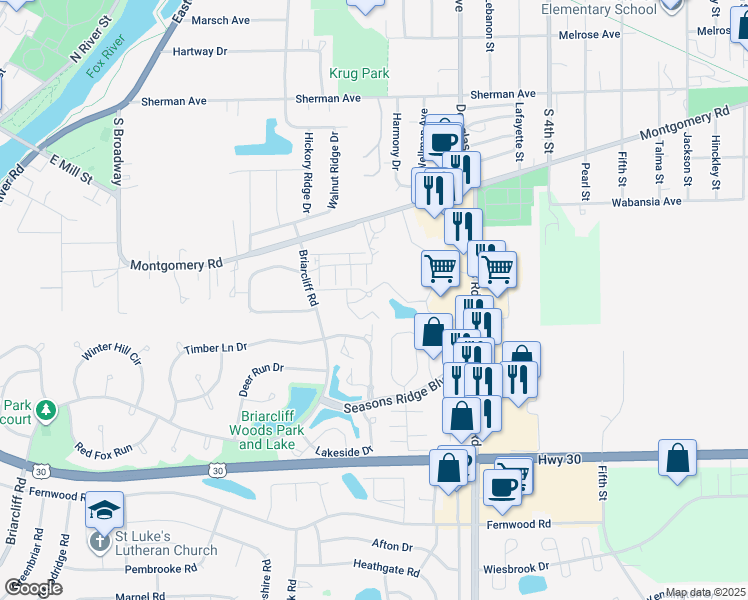 map of restaurants, bars, coffee shops, grocery stores, and more near 1500 Briarcliff Road in Montgomery