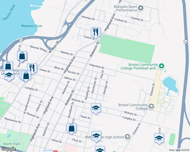 map of restaurants, bars, coffee shops, grocery stores, and more near 1046 Ray Street in Fall River