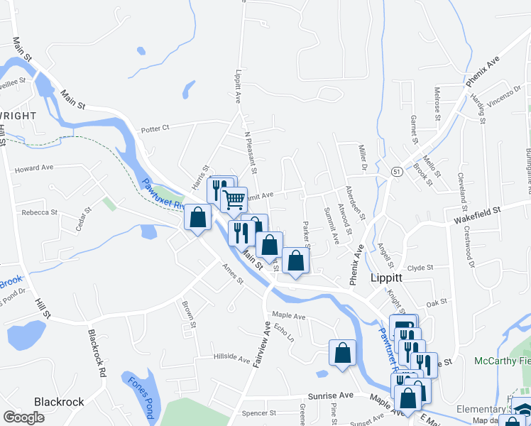 map of restaurants, bars, coffee shops, grocery stores, and more near 43 Pleasant Street in West Warwick