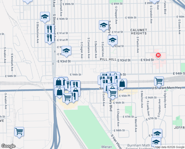 map of restaurants, bars, coffee shops, grocery stores, and more near 1814 East 95th Street in Chicago