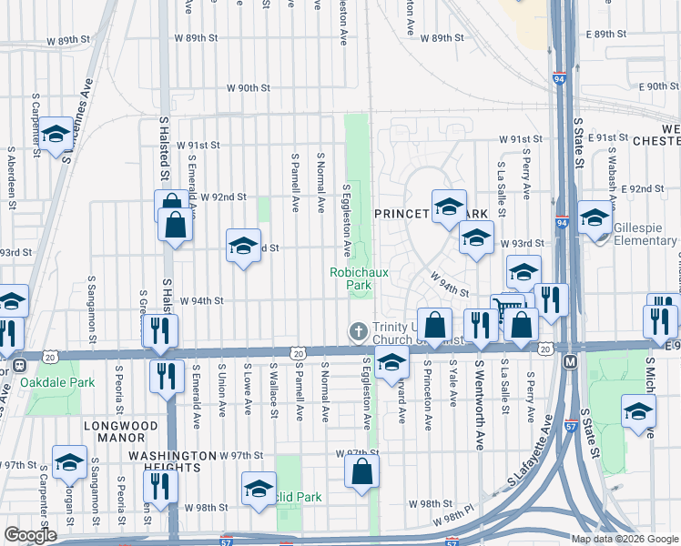 map of restaurants, bars, coffee shops, grocery stores, and more near 9340 South Eggleston Avenue in Chicago
