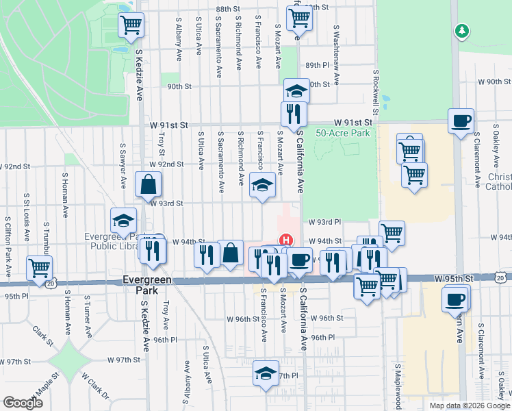 map of restaurants, bars, coffee shops, grocery stores, and more near 9314 South Francisco Avenue in Chicago