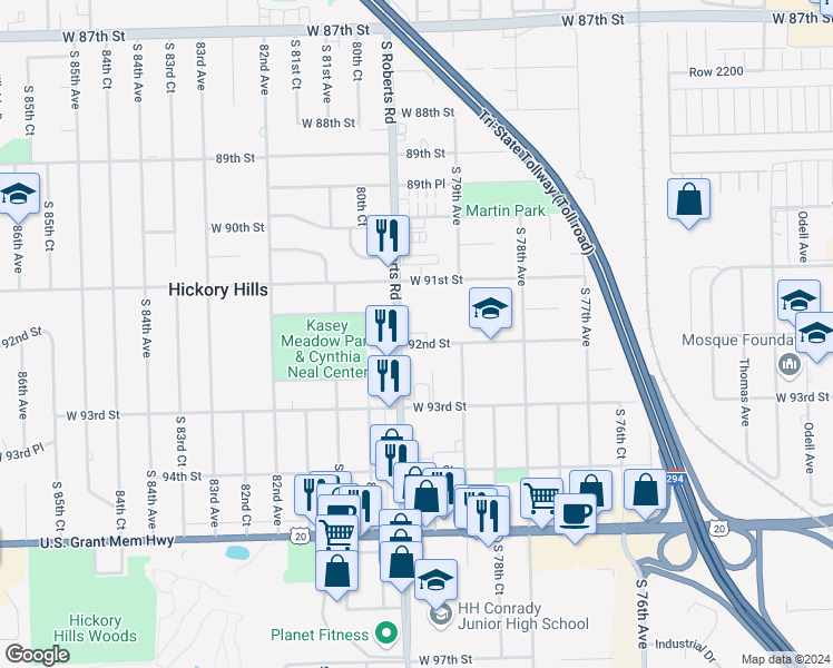 map of restaurants, bars, coffee shops, grocery stores, and more near in Hickory Hills