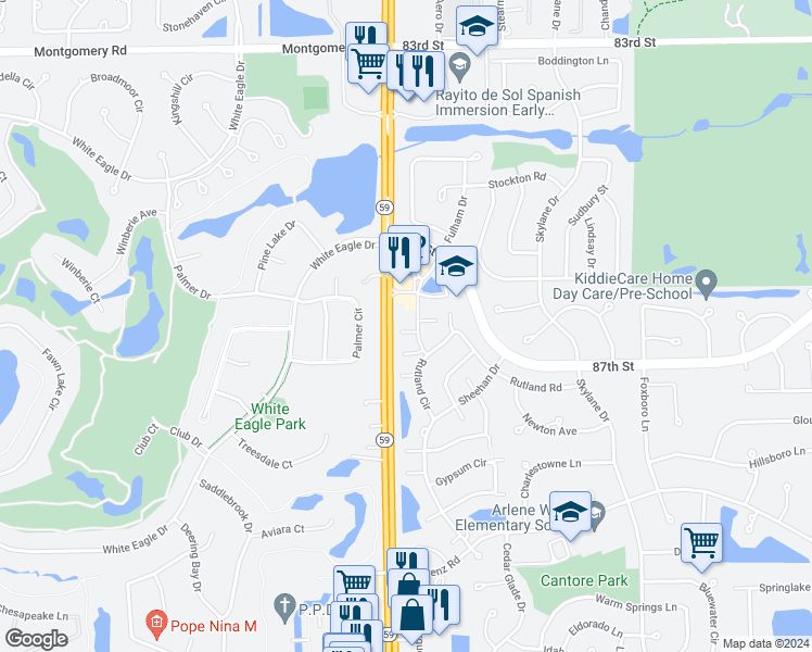 map of restaurants, bars, coffee shops, grocery stores, and more near 129 Illinois Route 59 in Naperville