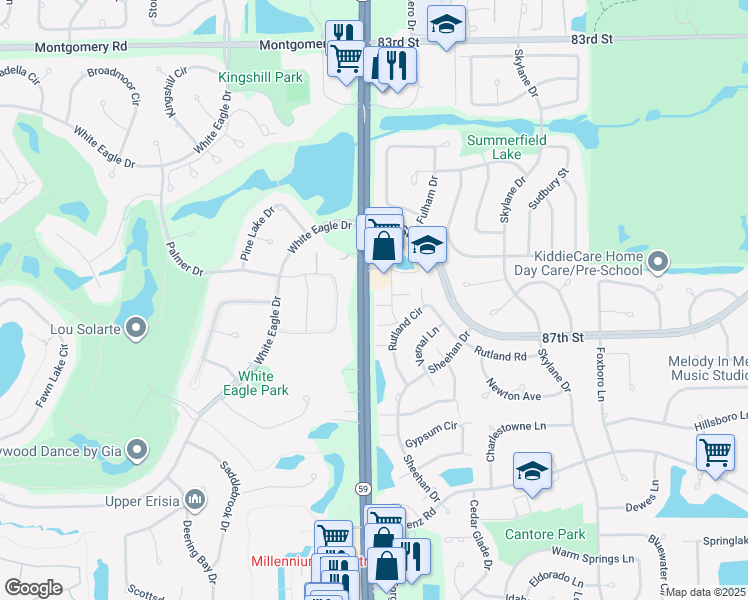 map of restaurants, bars, coffee shops, grocery stores, and more near 129 Illinois Route 59 in Naperville