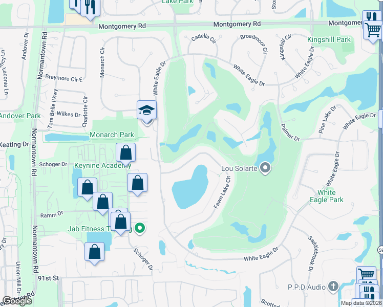 map of restaurants, bars, coffee shops, grocery stores, and more near 2327 Fawn Lake Circle in Naperville