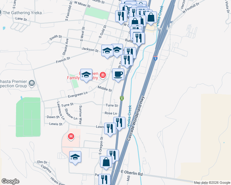 map of restaurants, bars, coffee shops, grocery stores, and more near 918 4th St in Yreka