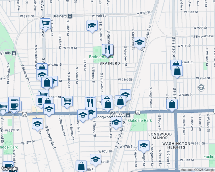 map of restaurants, bars, coffee shops, grocery stores, and more near 9329 South Elizabeth Street in Chicago