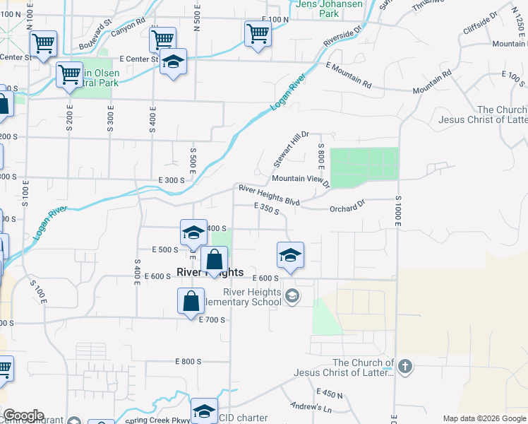 map of restaurants, bars, coffee shops, grocery stores, and more near 712 East 350 South in River Heights