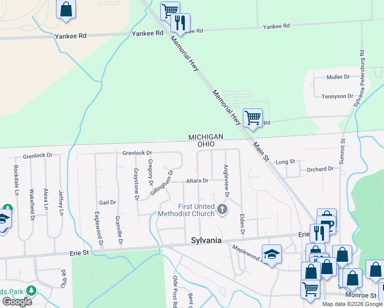 map of restaurants, bars, coffee shops, grocery stores, and more near 6046 Brainard Drive in Sylvania