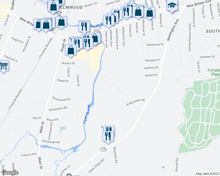 map of restaurants, bars, coffee shops, grocery stores, and more near 24 Steven Street in West Hartford