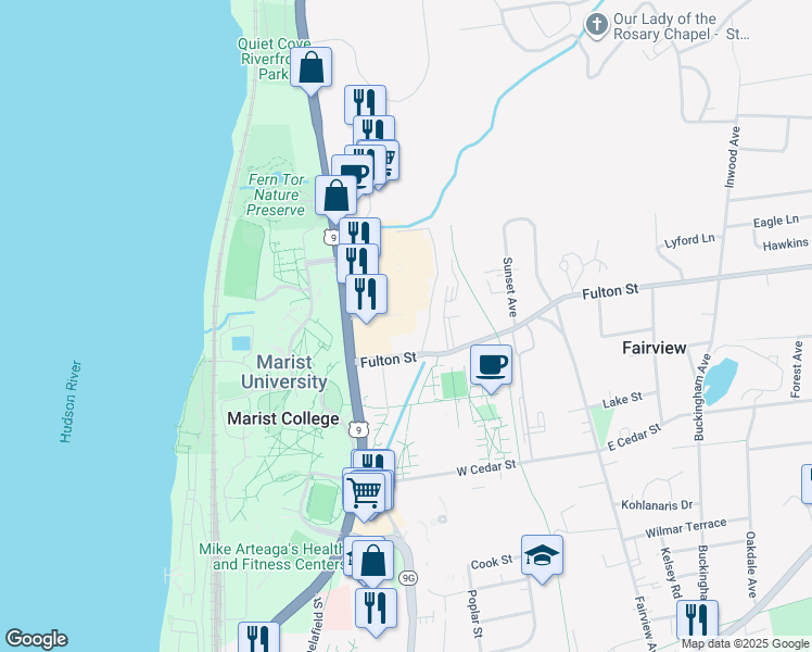 map of restaurants, bars, coffee shops, grocery stores, and more near 61 Fulton Street in Poughkeepsie