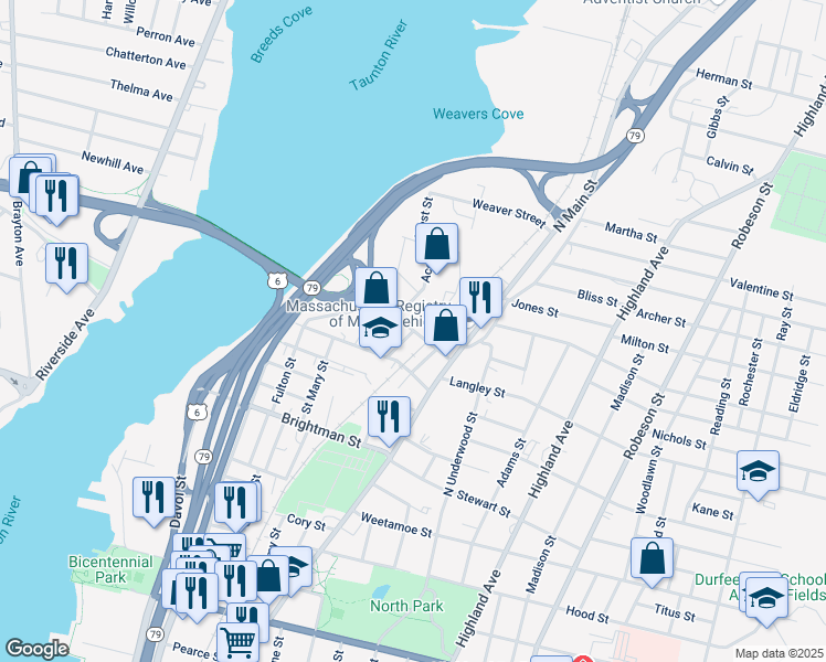 map of restaurants, bars, coffee shops, grocery stores, and more near Cove Street in Fall River
