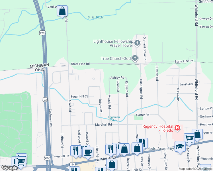 map of restaurants, bars, coffee shops, grocery stores, and more near 6030 Meade Road in Sylvania