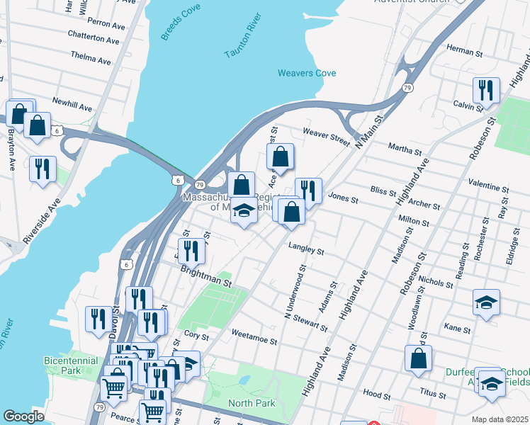 map of restaurants, bars, coffee shops, grocery stores, and more near Cove Street in Fall River
