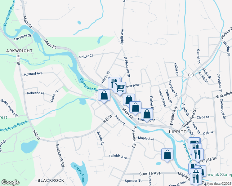 map of restaurants, bars, coffee shops, grocery stores, and more near 666 Main St in Coventry