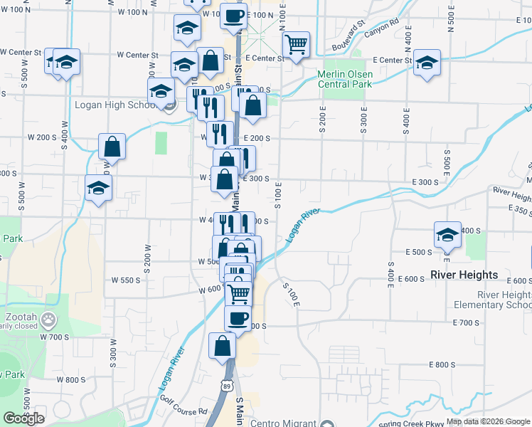 map of restaurants, bars, coffee shops, grocery stores, and more near 42 East 400 South in Logan