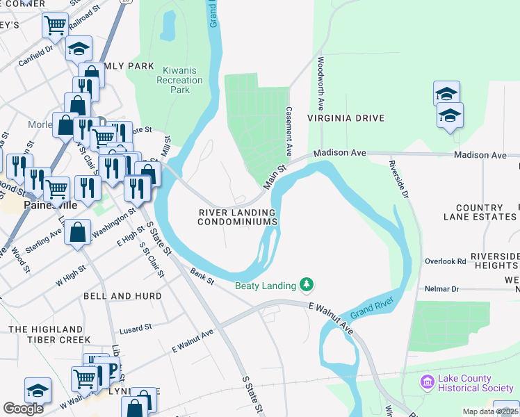 map of restaurants, bars, coffee shops, grocery stores, and more near 141 Steele Avenue in Painesville