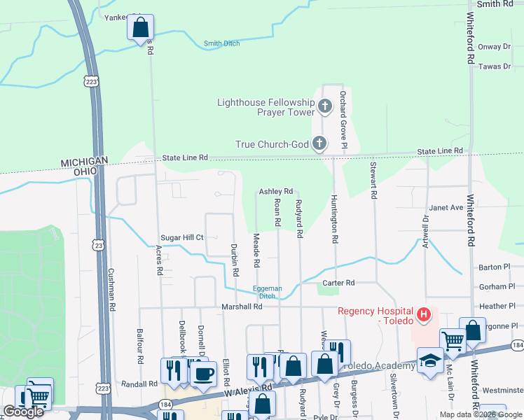map of restaurants, bars, coffee shops, grocery stores, and more near 6030 Meade Road in Sylvania