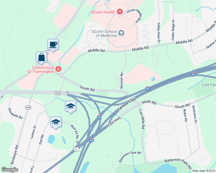 map of restaurants, bars, coffee shops, grocery stores, and more near 89 South Road in Farmington