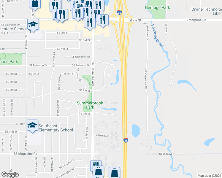 map of restaurants, bars, coffee shops, grocery stores, and more near 1201 Southeast Mill Pond Court in Ankeny