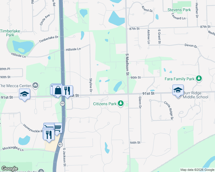 map of restaurants, bars, coffee shops, grocery stores, and more near 16W122 91st Street in Burr Ridge