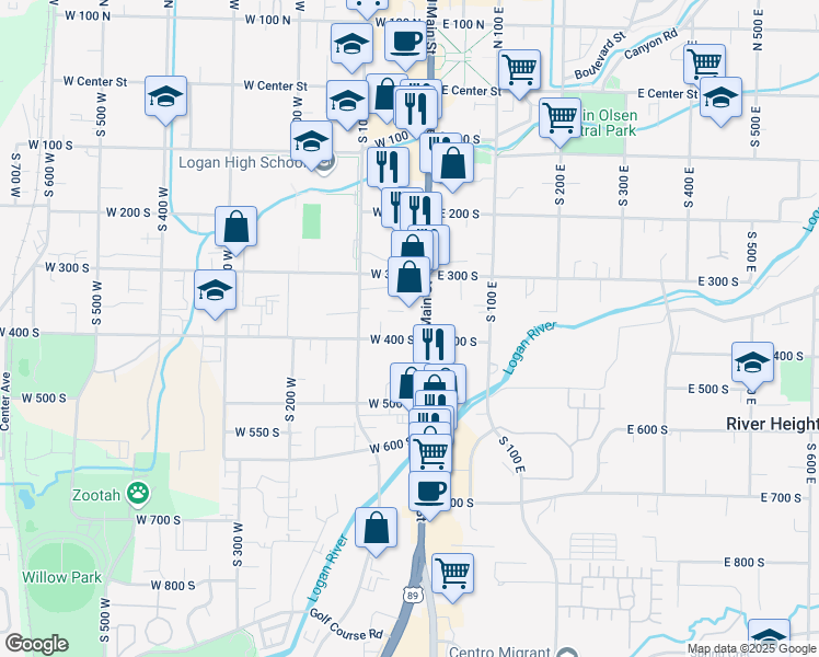 map of restaurants, bars, coffee shops, grocery stores, and more near 292 West 400 South in Logan