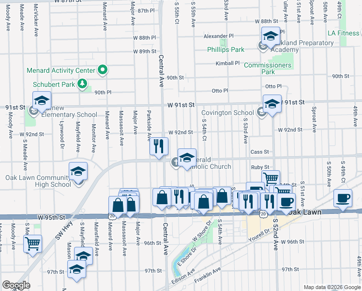 map of restaurants, bars, coffee shops, grocery stores, and more near 9221 South 55th Court in Oak Lawn