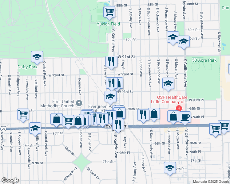 map of restaurants, bars, coffee shops, grocery stores, and more near South Kedzie Avenue & West 93rd Street in Evergreen Park