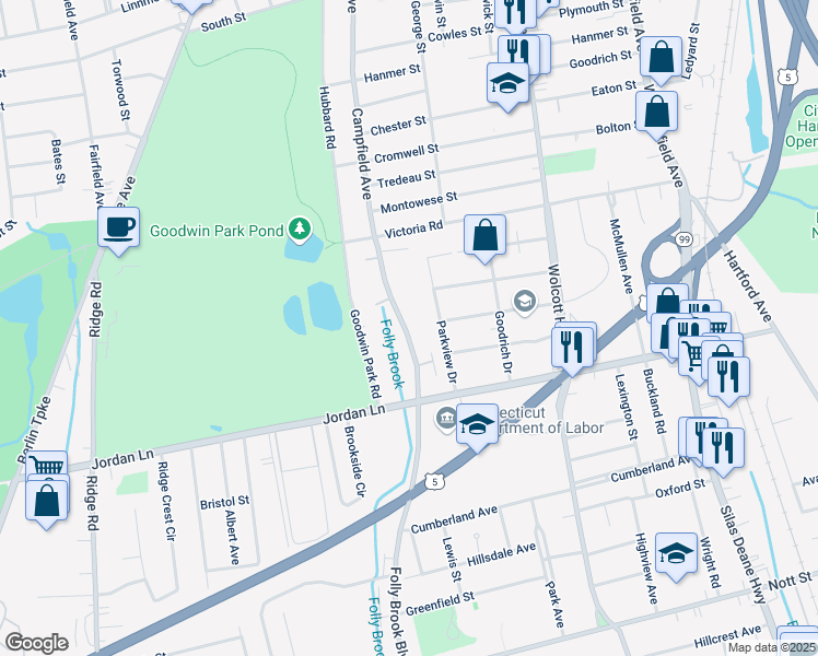 map of restaurants, bars, coffee shops, grocery stores, and more near 97 Folly Brook Boulevard in Wethersfield