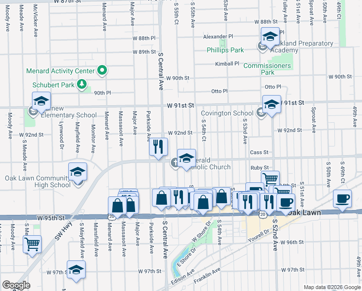 map of restaurants, bars, coffee shops, grocery stores, and more near 9233 South 55th Court in Oak Lawn