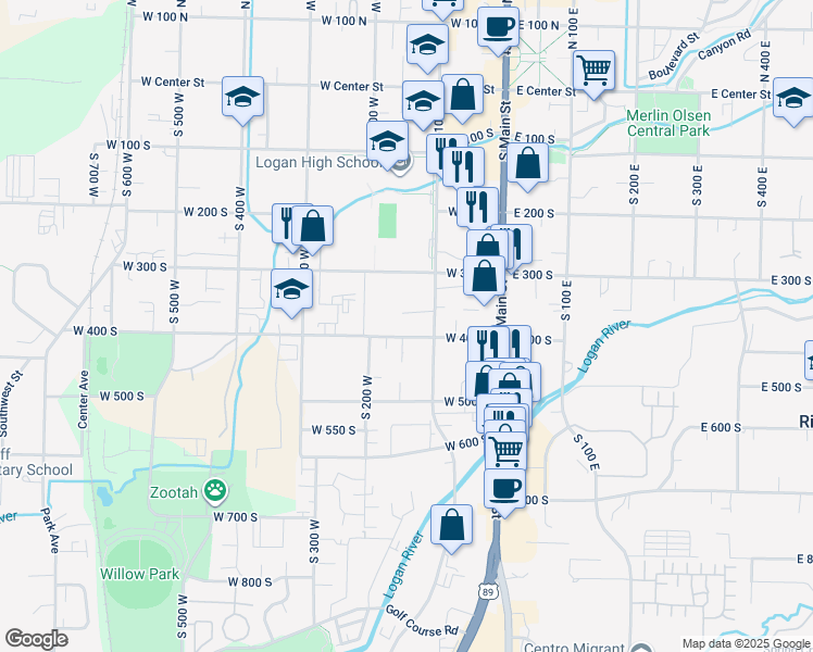 map of restaurants, bars, coffee shops, grocery stores, and more near 130 West 400 South in Logan