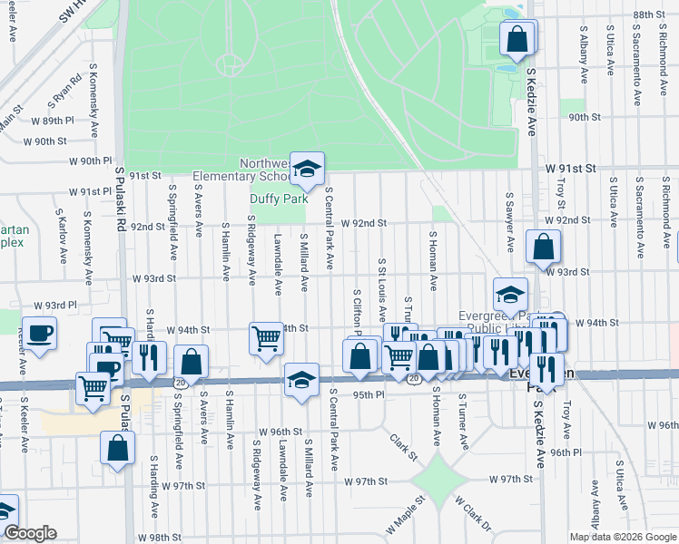 map of restaurants, bars, coffee shops, grocery stores, and more near 9300 South Clifton Park Avenue in Evergreen Park