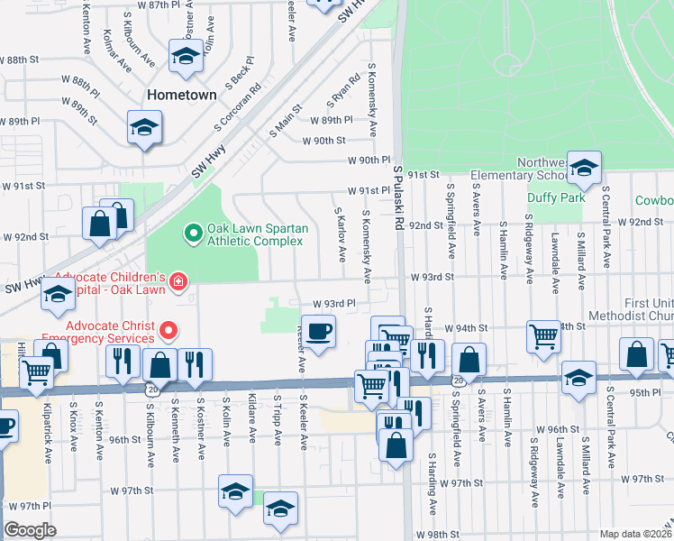 map of restaurants, bars, coffee shops, grocery stores, and more near 4101 West 93rd Street in Oak Lawn