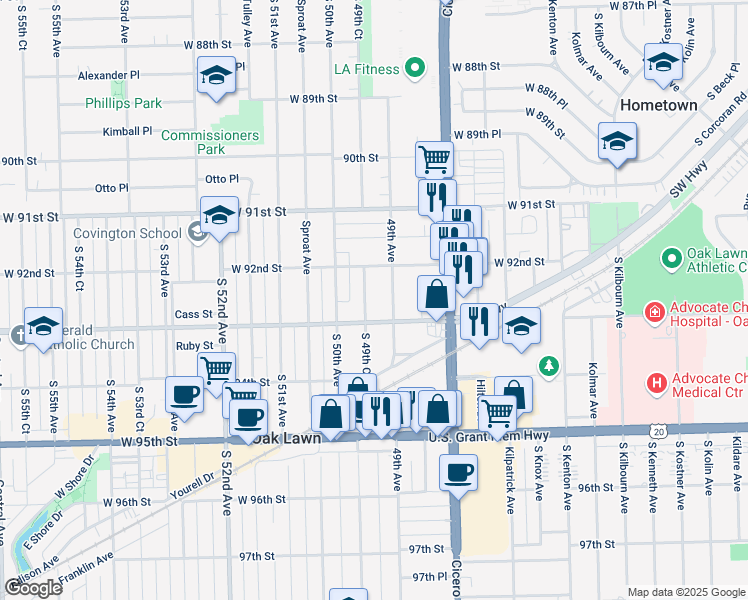 map of restaurants, bars, coffee shops, grocery stores, and more near 9247 South 49th Court in Oak Lawn